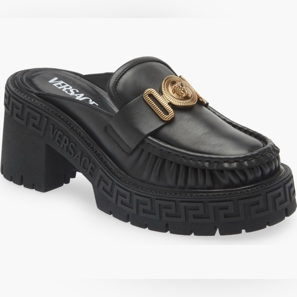 VERSACE Medusa Biggie Mules Platform Black Gold Lug Loafers Sz 38 /8 / 8.5
